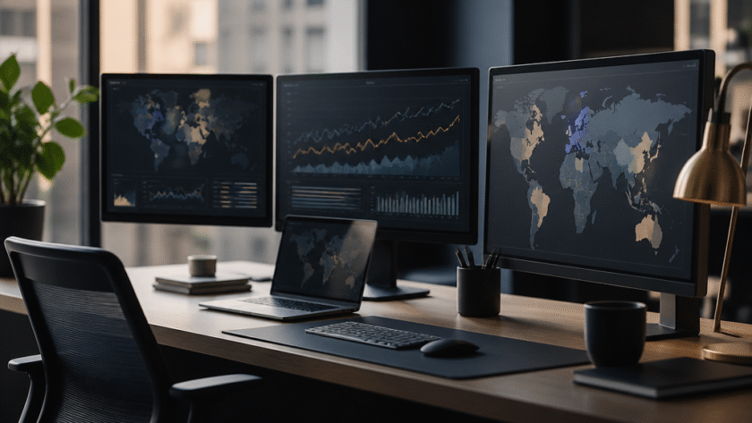 iGaming media buying analyst reviewing traffic performance dashboards on multiple monitors