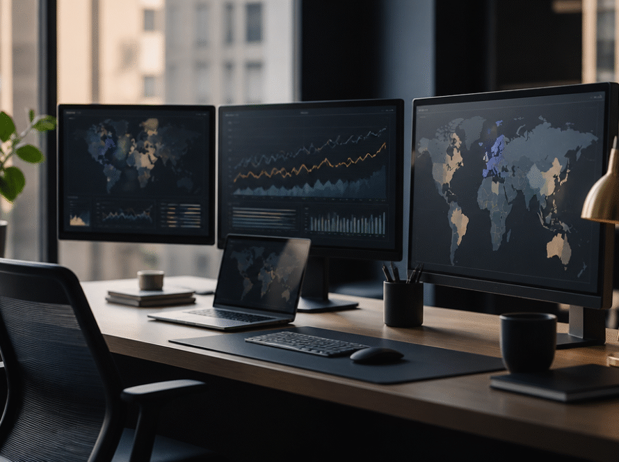 iGaming media buying analyst reviewing traffic performance dashboards on multiple monitors