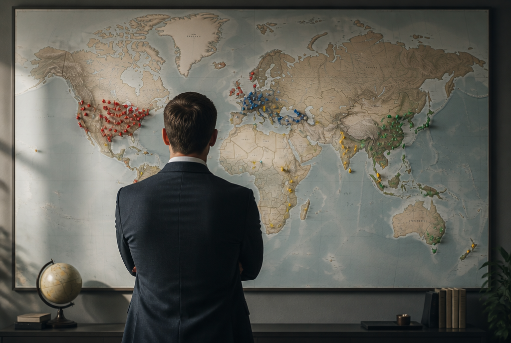 Strategist mapping iGaming traffic channels to different GEO tiers on a world map