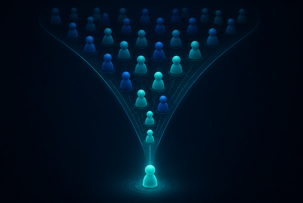 Conceptual funnel showing bought traffic narrowing to a single qualified first time depositor for a CPA payout