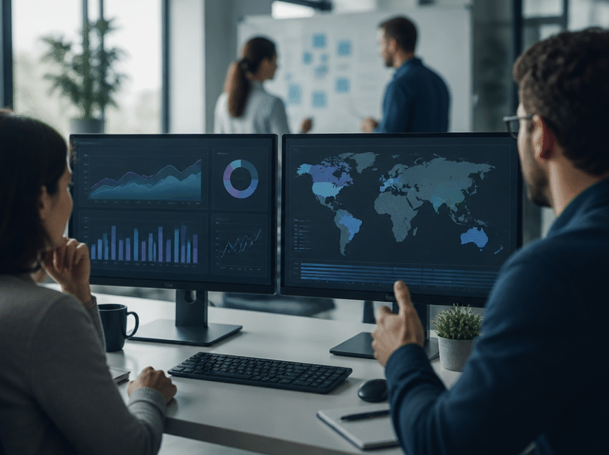 Media buying team workspace with dashboards and a regional map representing compliant iGaming ad campaign planning