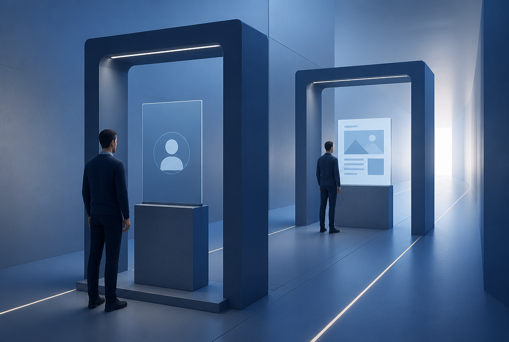 Conceptual two-gate checkpoint illustrating platform authorization and landing page review for gambling ads