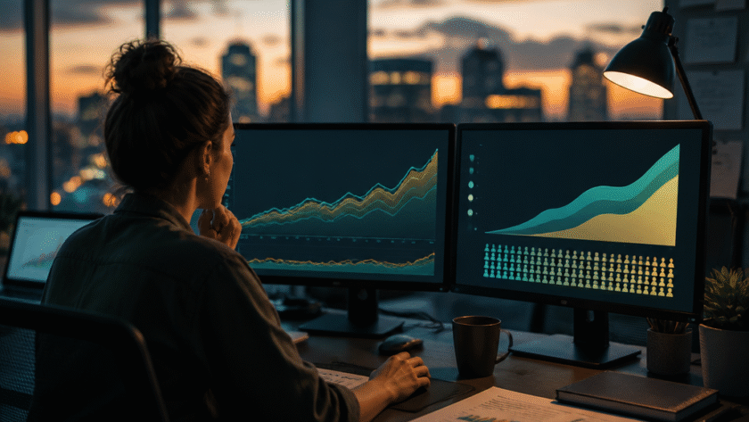 Media buyer workstation showing player value and retention analytics dashboards