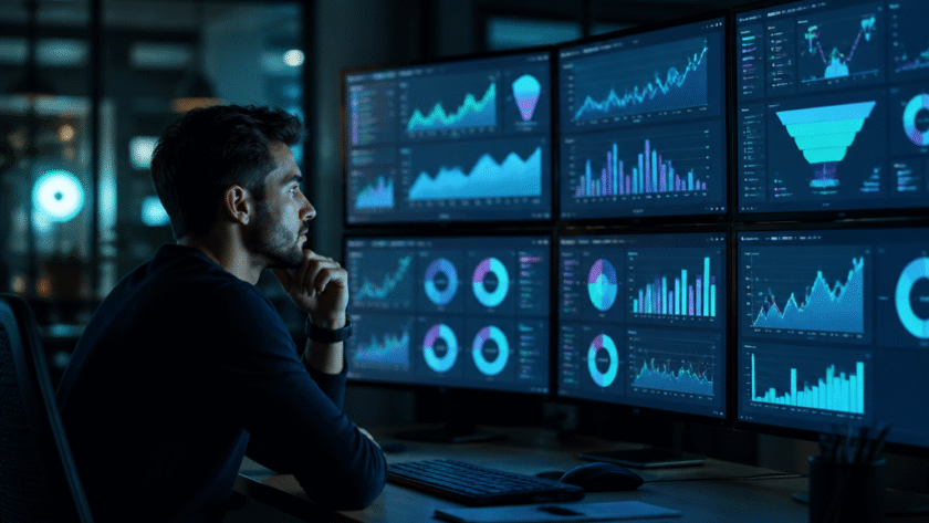 Media buyer reviewing iGaming affiliate performance dashboards across multiple monitors