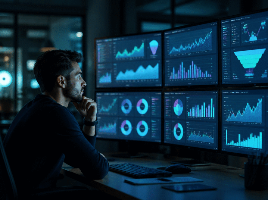 Media buyer reviewing iGaming affiliate performance dashboards across multiple monitors