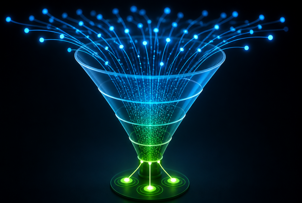 Conversion funnel narrowing from clicks to registrations to first deposits
