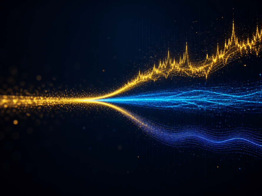 Abstract illustration of iGaming traffic splitting into three diverging channels representing casino, sports betting and poker