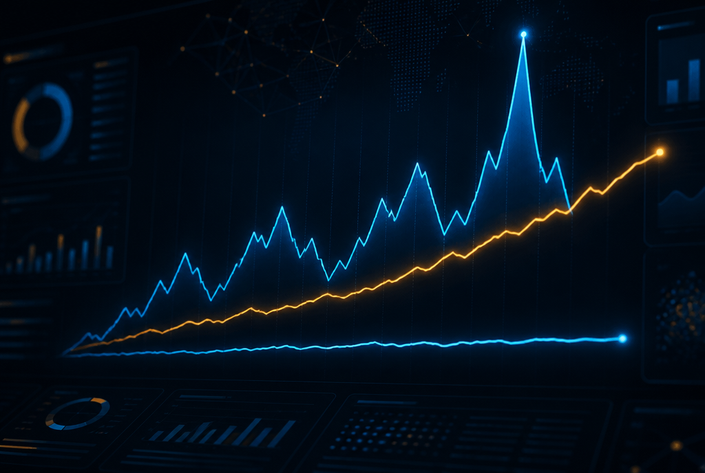 Three contrasting performance curves showing the volatility profiles of casino, sports betting and poker verticals