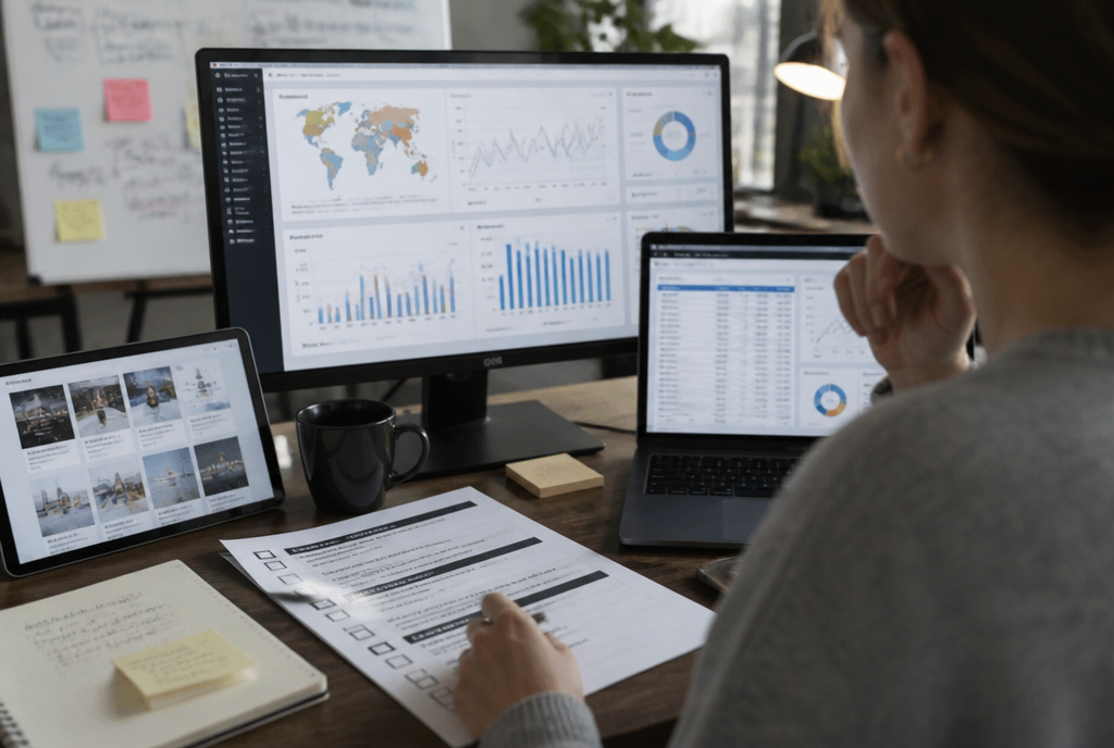 Media buyer reviewing cross-border iGaming campaign dashboards alongside a compliance checklist