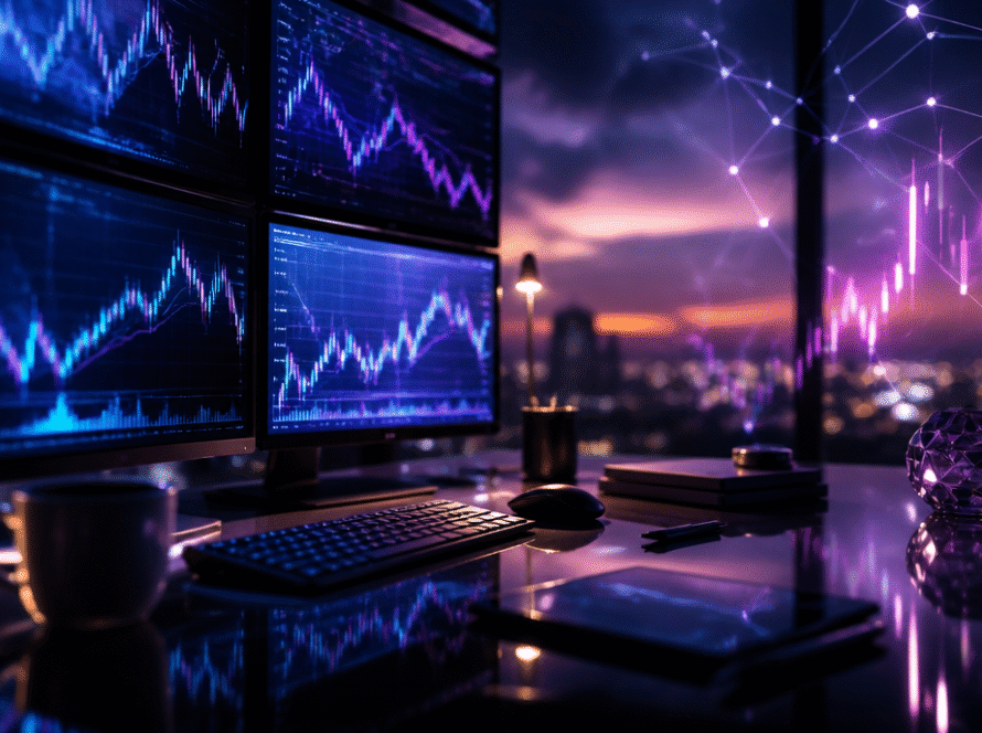 Dark modern desk with abstract blue and violet market data light patterns representing the crypto iGaming acquisition market