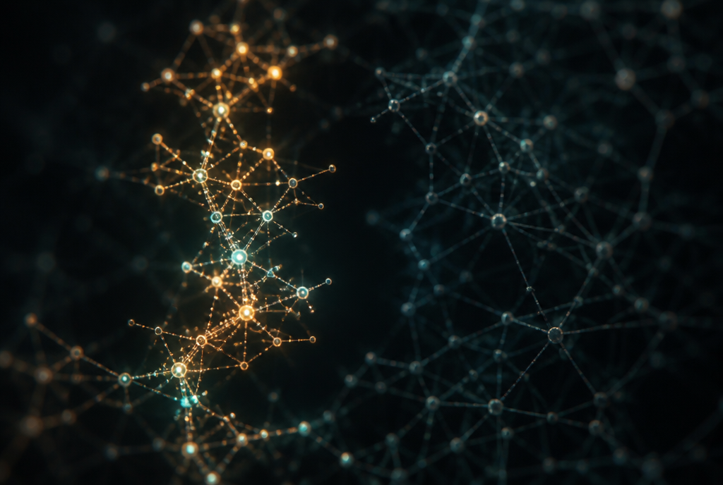 Abstract branching node cluster separated from a larger network, illustrating crypto casino as a distinct iGaming vertical