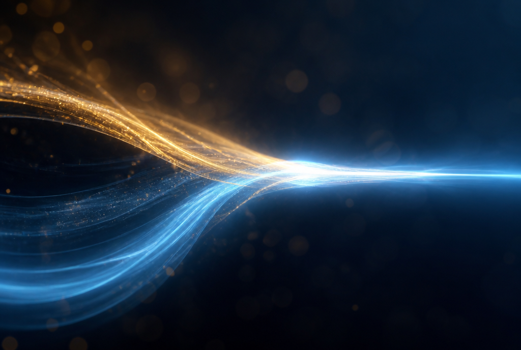 Two merging light streams, one solid and one with a long tail, representing a hybrid CPA plus RevShare commission structure