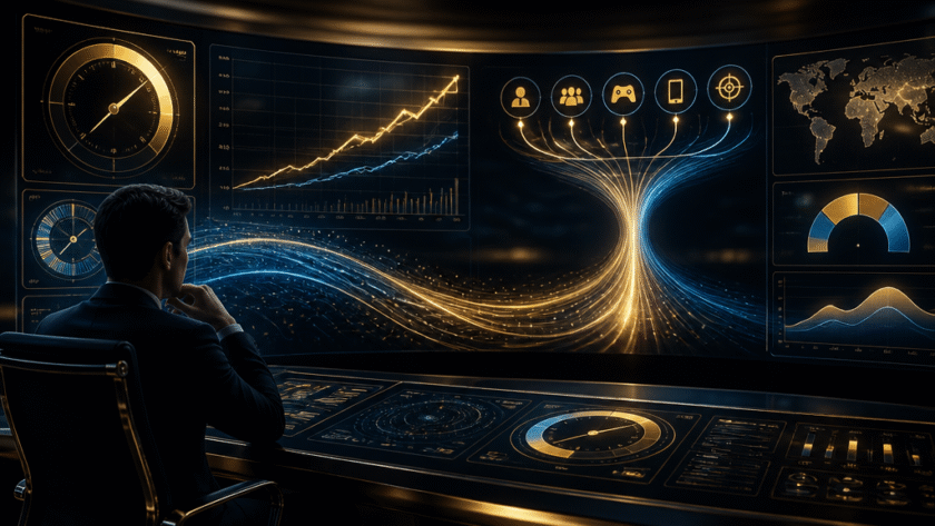 Abstract data dashboard visualising player acquisition cost efficiency across marketing channels in iGaming
