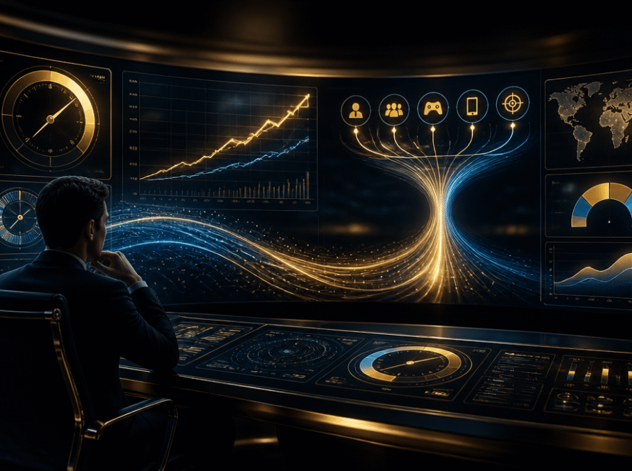 Abstract data dashboard visualising player acquisition cost efficiency across marketing channels in iGaming