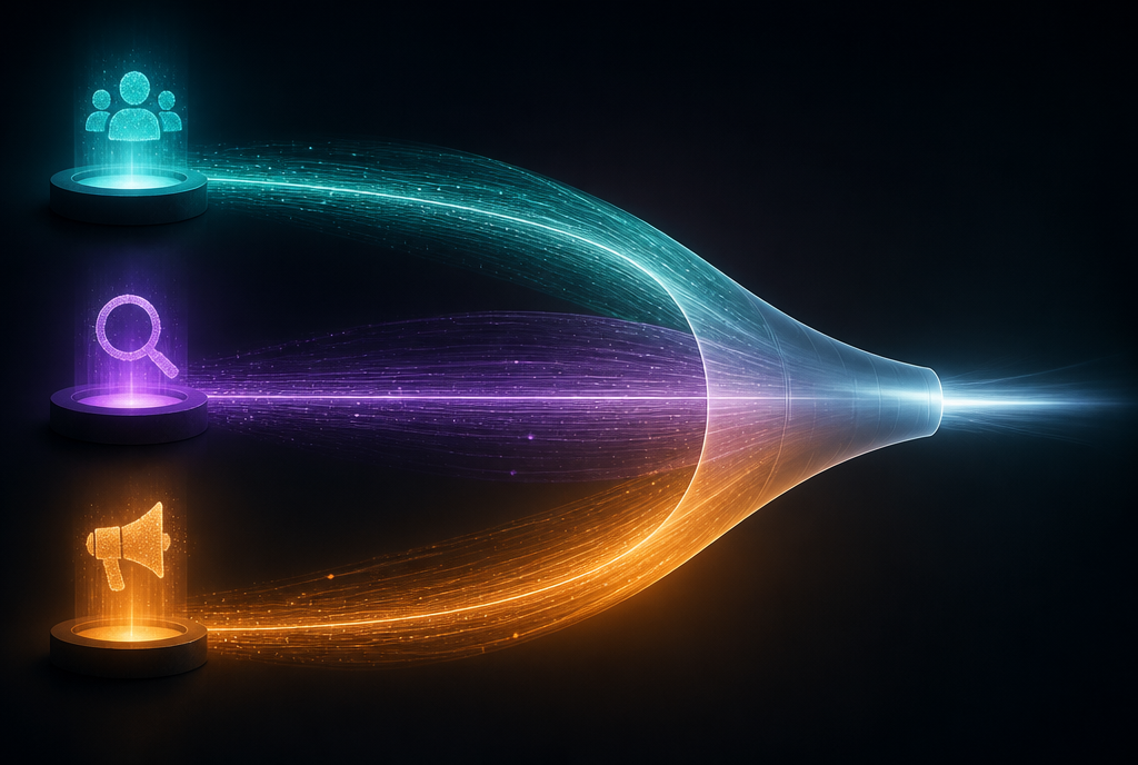 Three iGaming acquisition channels flowing into a single conversion funnel at different costs and speeds