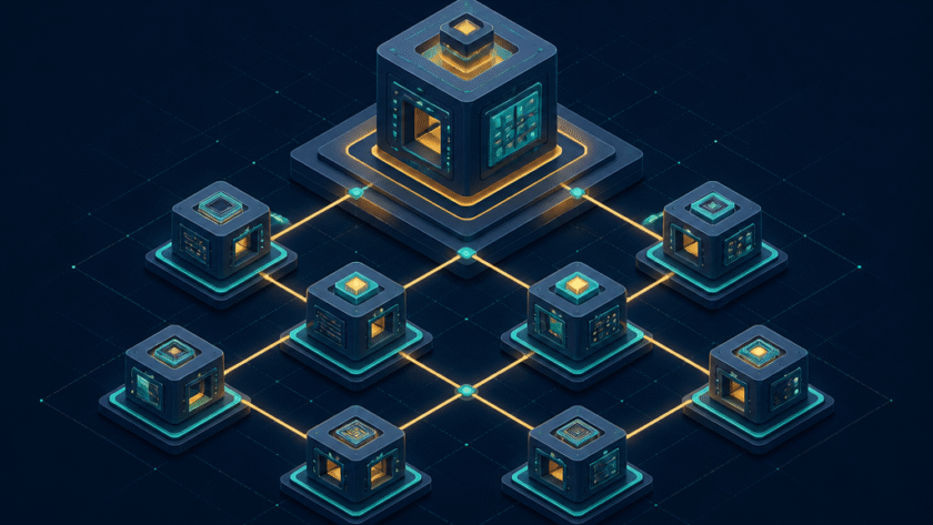 Isometric diagram of a pillar and cluster website structure with one hub page linked to satellite pages