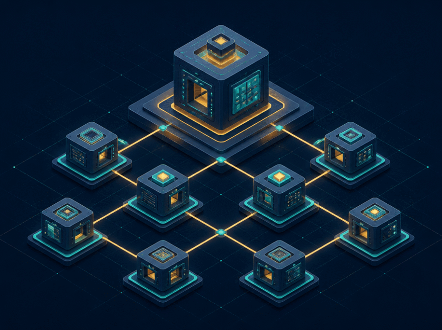 Isometric diagram of a pillar and cluster website structure with one hub page linked to satellite pages