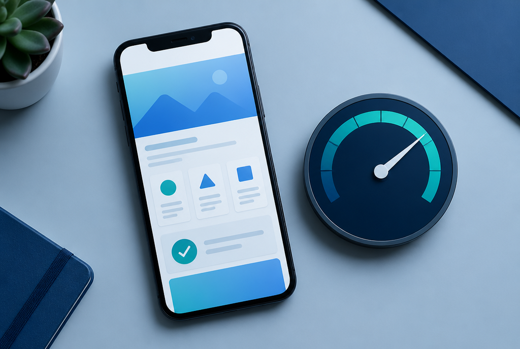 Smartphone displaying a fast mobile-first web page next to a page-speed performance gauge