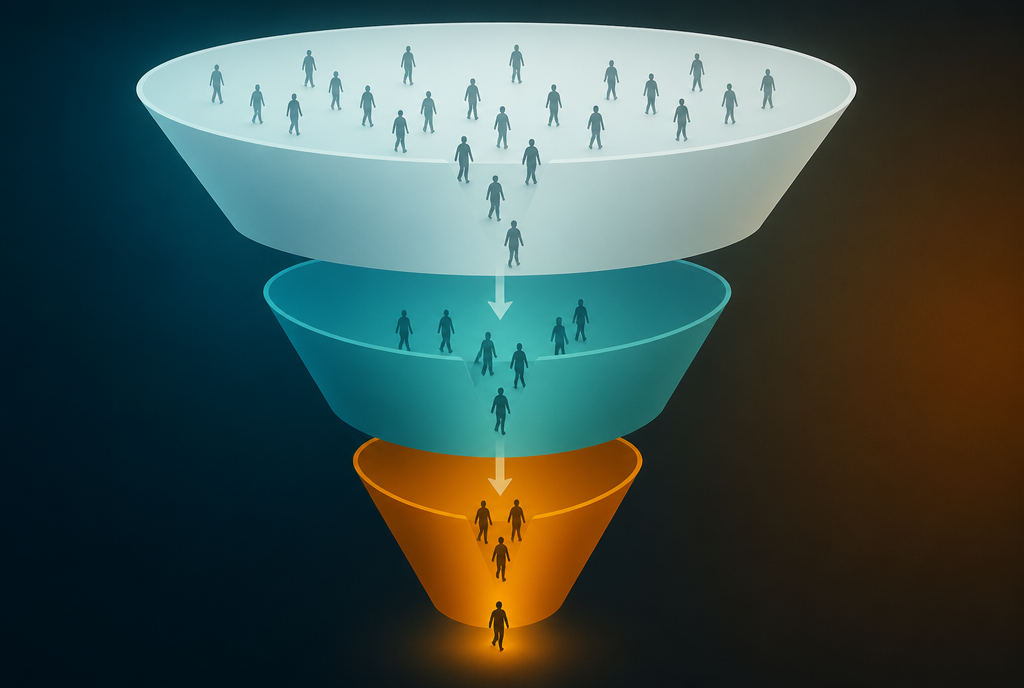 Three-stage marketing funnel showing visitors moving from awareness to comparison to conversion