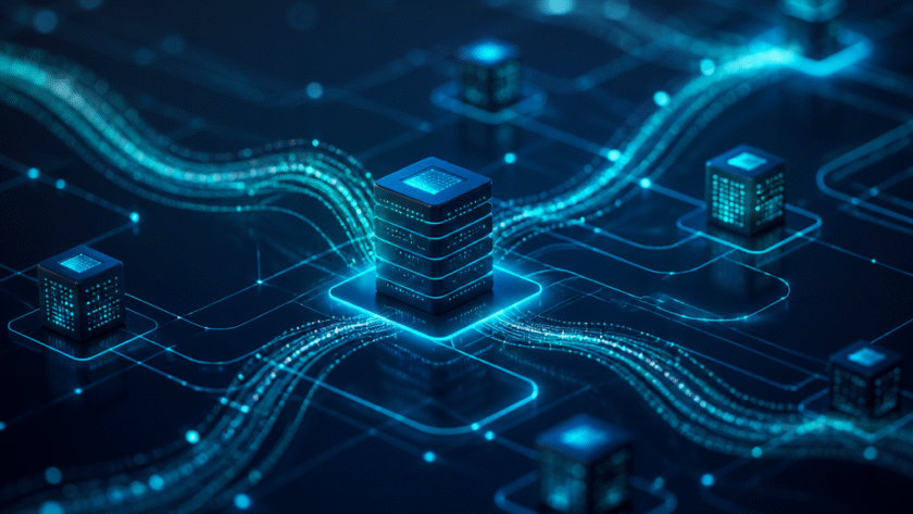 Abstract dark navy data network illustration representing server to server affiliate tracking
