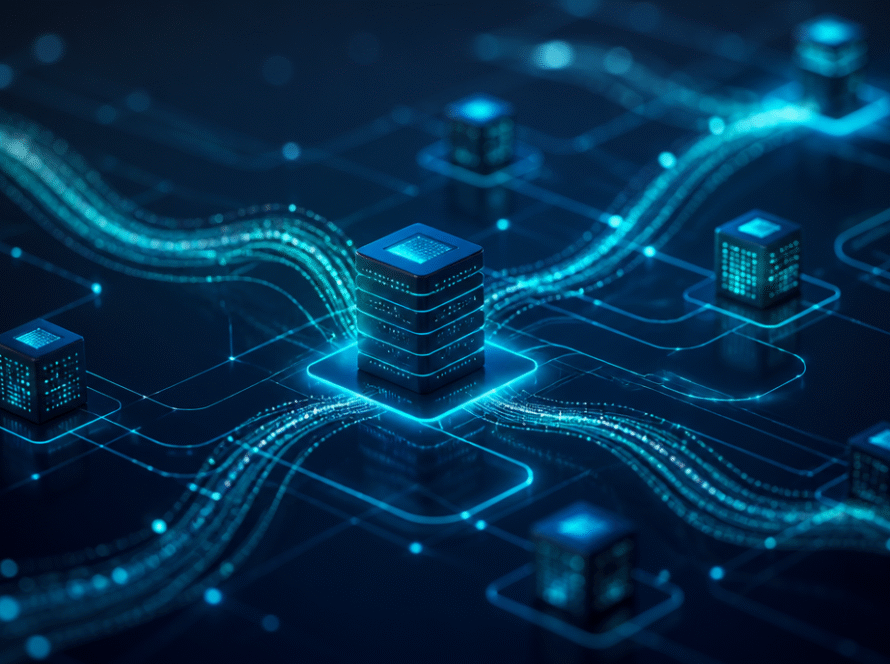 Abstract dark navy data network illustration representing server to server affiliate tracking