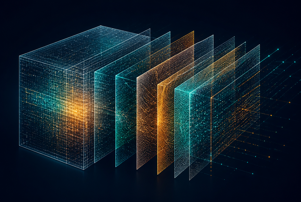 Abstract layered data cube representing multi dimensional sub-ID segmentation of conversions