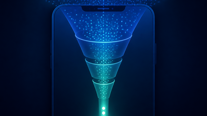 Abstract funnel narrowing from many particles to a few, on a stylized smartphone, representing iGaming pre-lander conversion