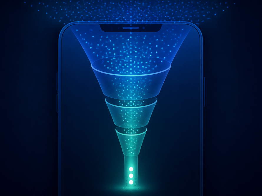 Abstract funnel narrowing from many particles to a few, on a stylized smartphone, representing iGaming pre-lander conversion