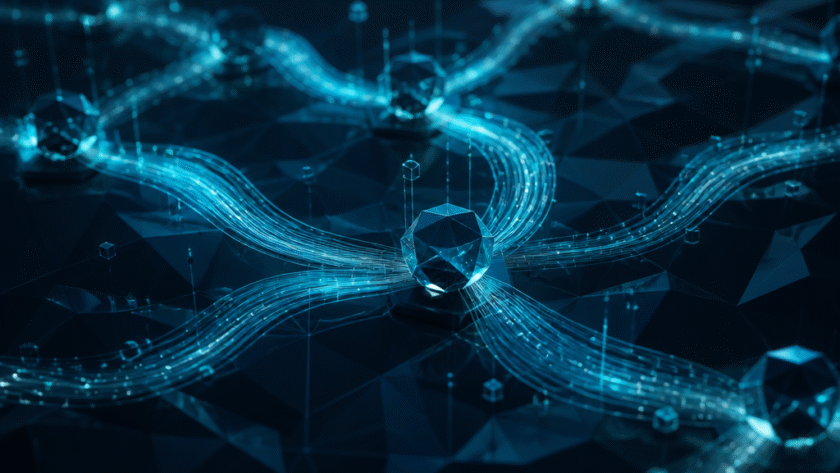 Abstract dark visualization of ad traffic flowing through a network of glowing nodes
