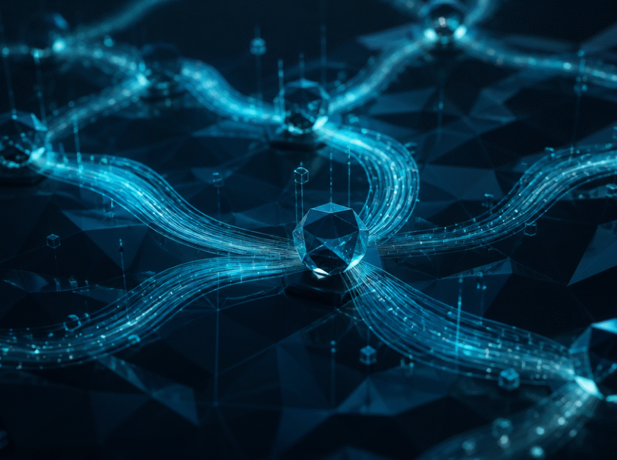 Abstract dark visualization of ad traffic flowing through a network of glowing nodes