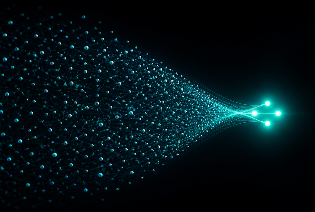 Abstract funnel of many source nodes narrowing to a few highlighted winners