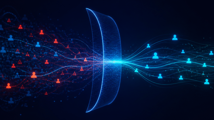 Abstract dark fintech visualization of iGaming traffic quality and fraud detection signals