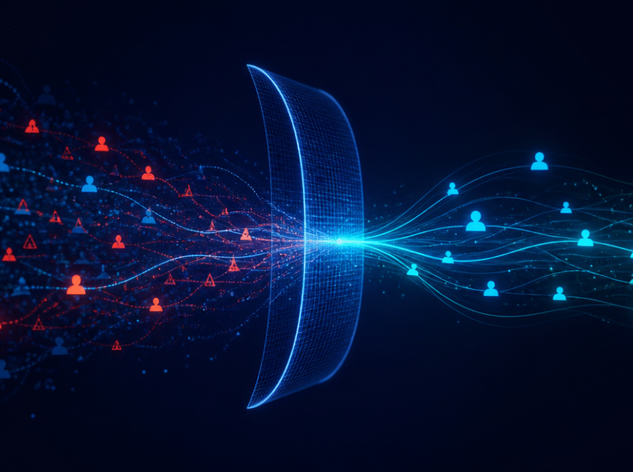 Abstract dark fintech visualization of iGaming traffic quality and fraud detection signals