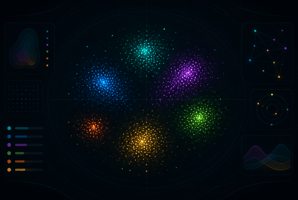 Abstract clusters of data points representing coordinated account cohorts on a dark dashboard