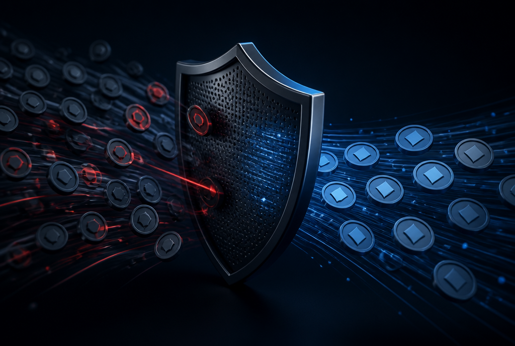 Abstract shield filtering a stream of transaction tokens on a dark background