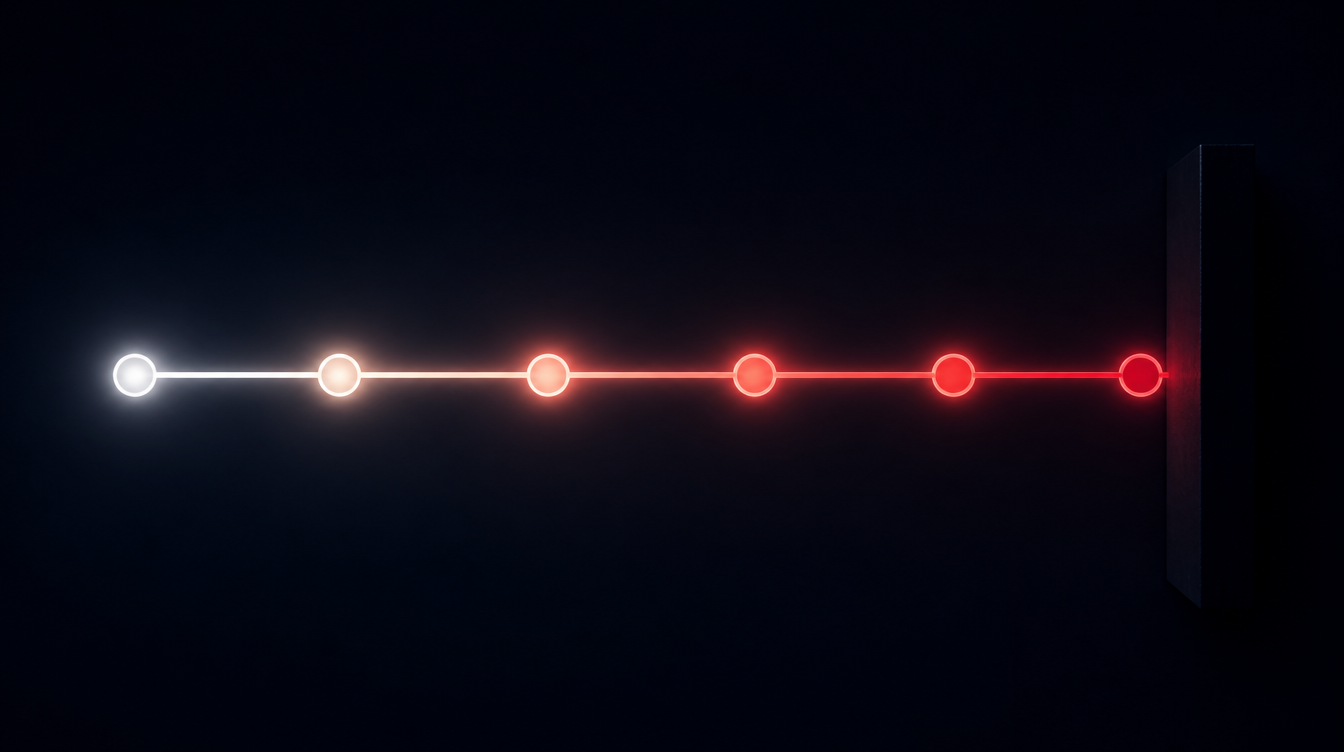Timeline of six markers fading from white to crimson and ending at a closed barrier, showing the ban's deadlines