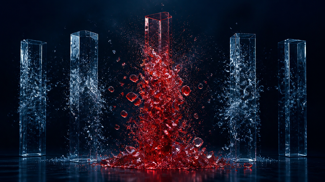 Glass columns breaking apart with a crimson column collapsing, illustrating the market shock of the ban