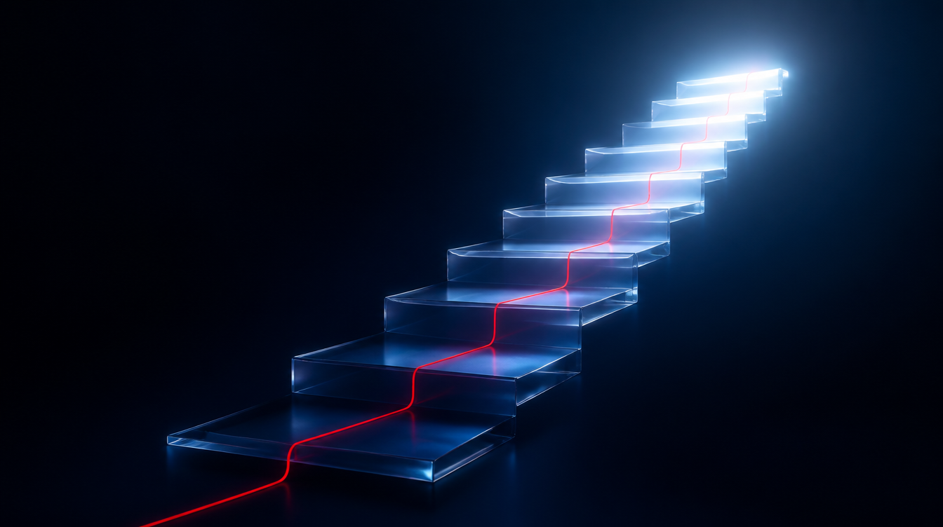 Glowing staircase with a crimson line rising step by step, illustrating how earnings build over time