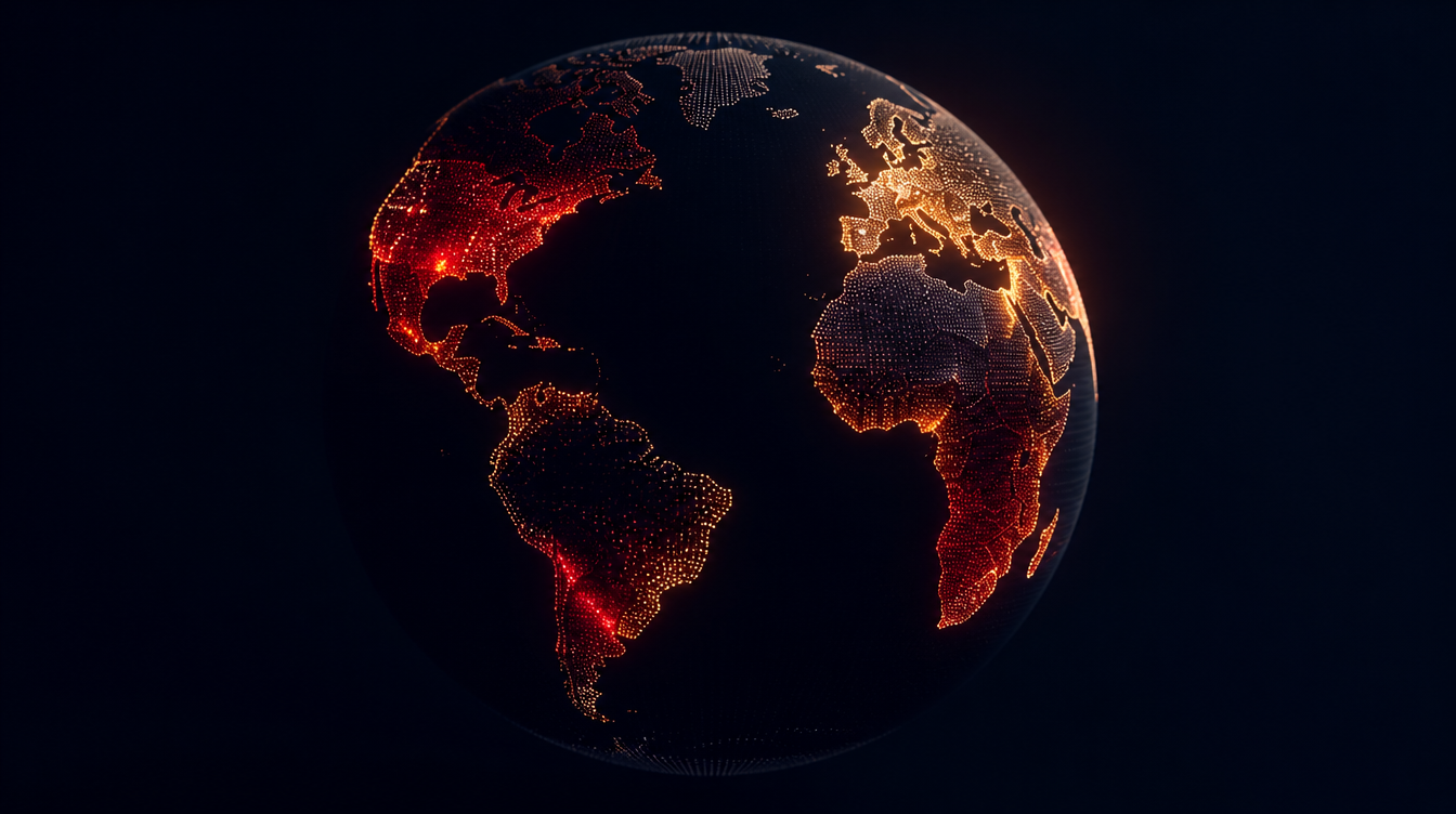 Globe of glowing dots with heat zones marking iGaming affiliate markets