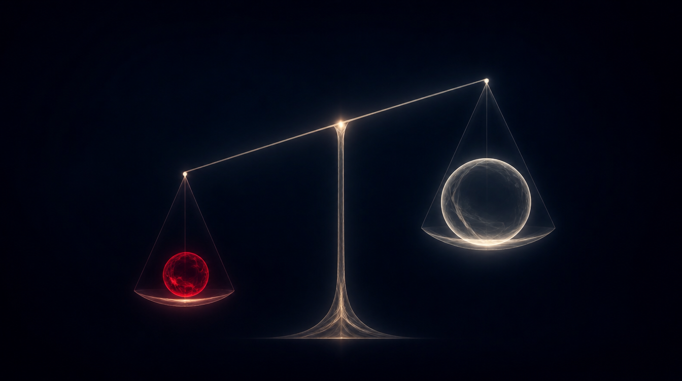 Balance scale where a small dense sphere outweighs a large faint one, illustrating payout versus acquisition cost by GEO