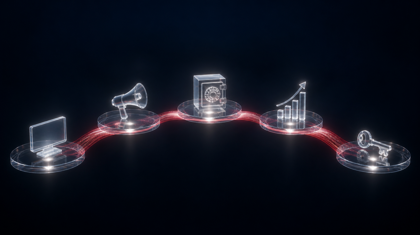 Five glowing platforms linked by bridges of light, the chain from operator to affiliate