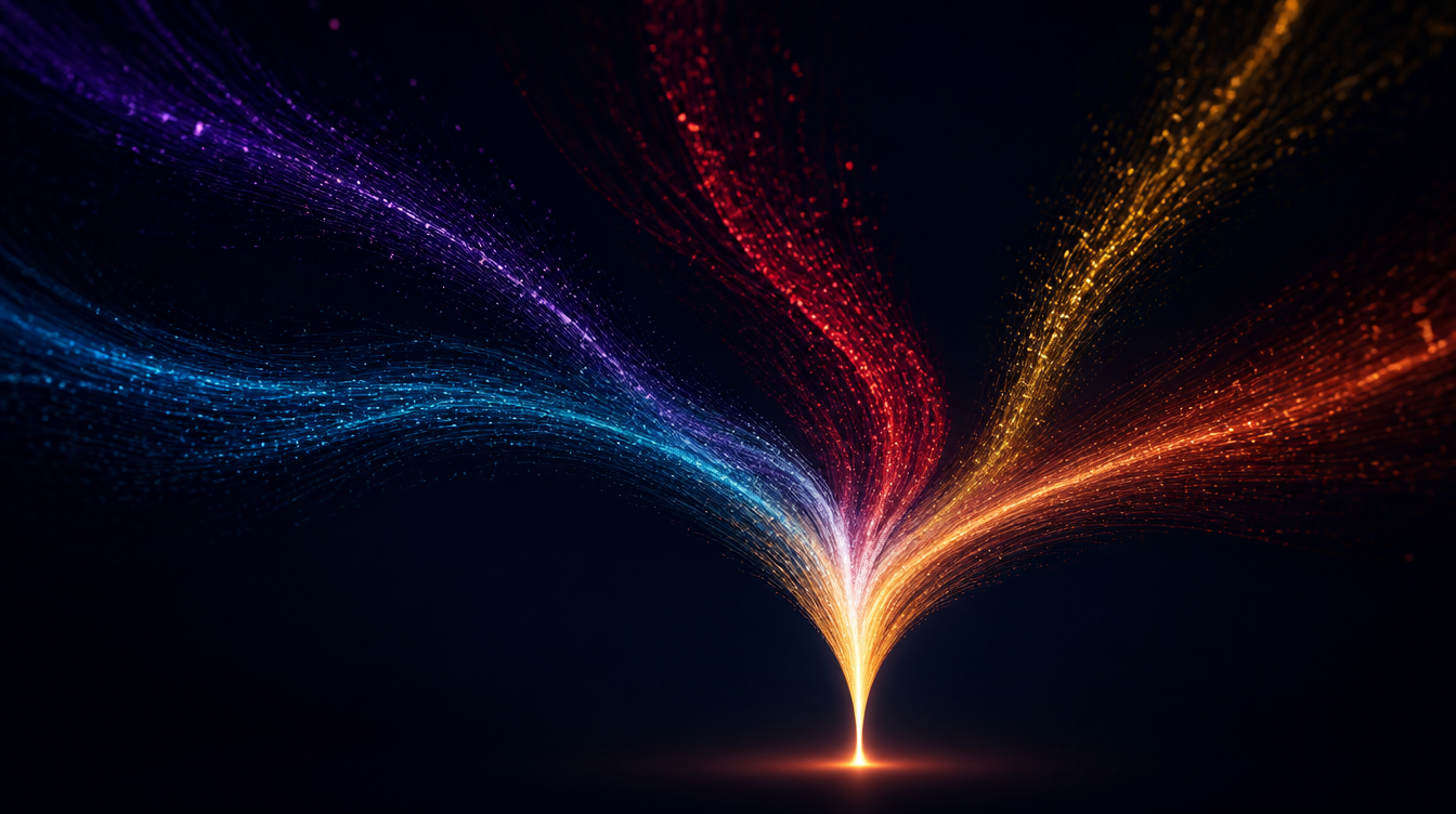 Streams of light from many directions converging into one funnel, the traffic sources of an affiliate
