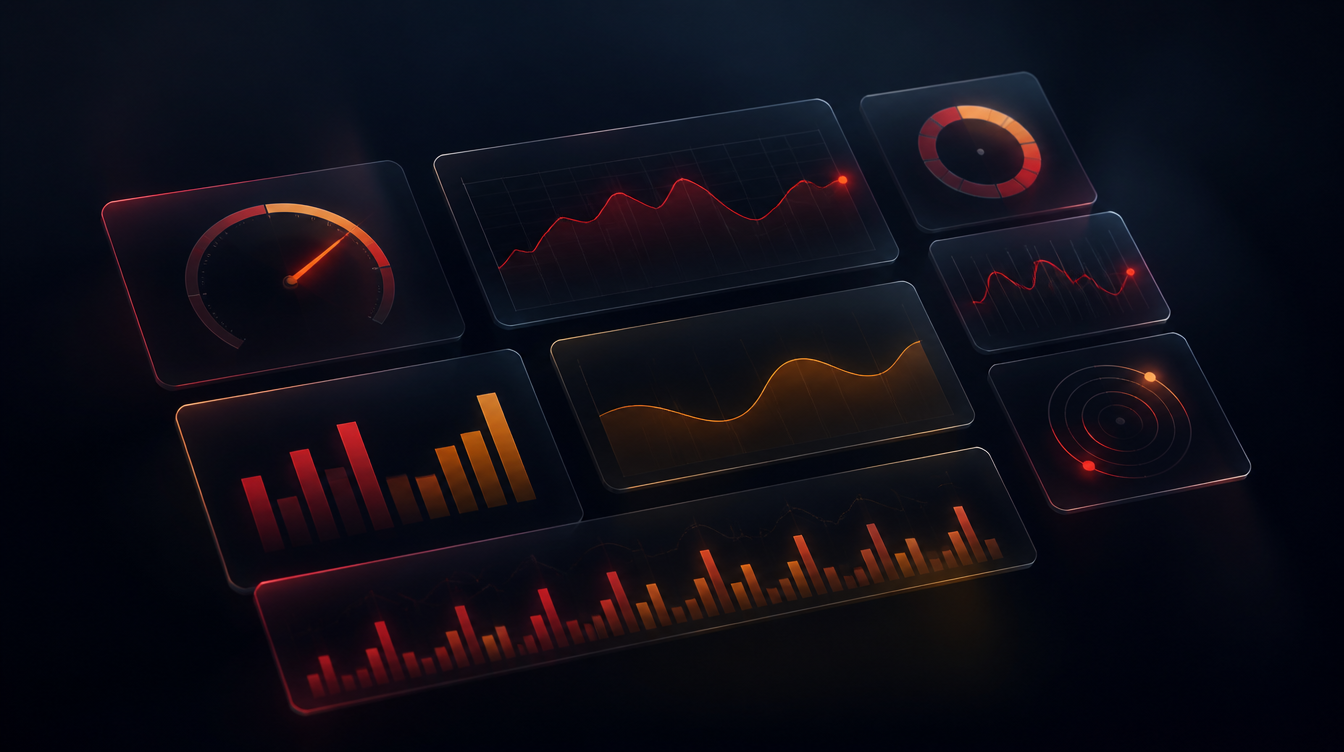 Floating dashboard of glowing gauges and charts, the numbers a media buyer watches