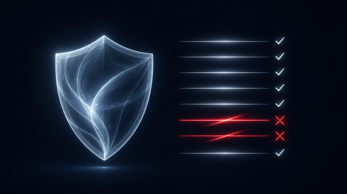 Shield of light beside a checklist with two lines crossed out, the rules of affiliate programs