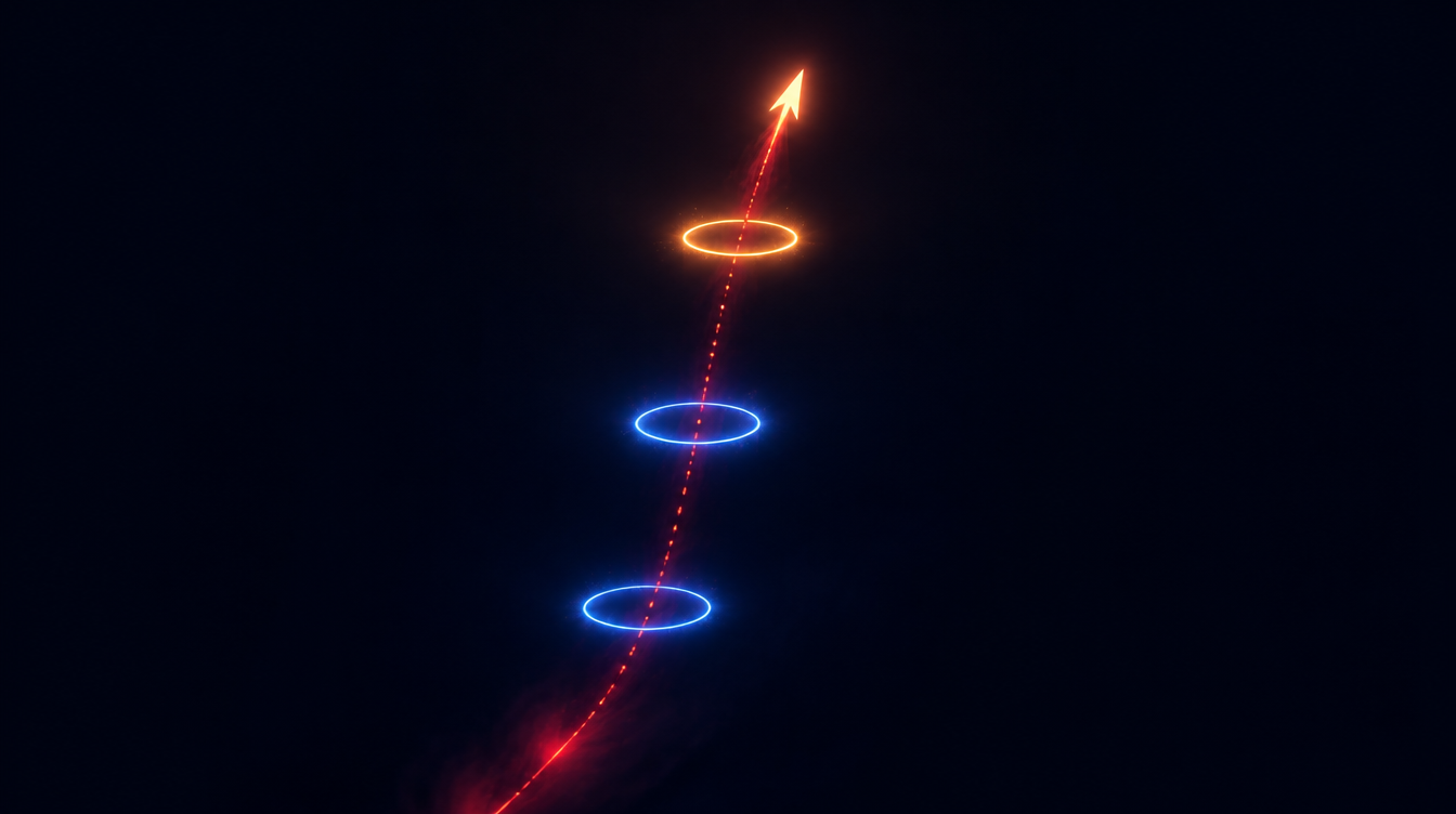 Arrow of light launching through three checkpoint rings, a first campaign step by step