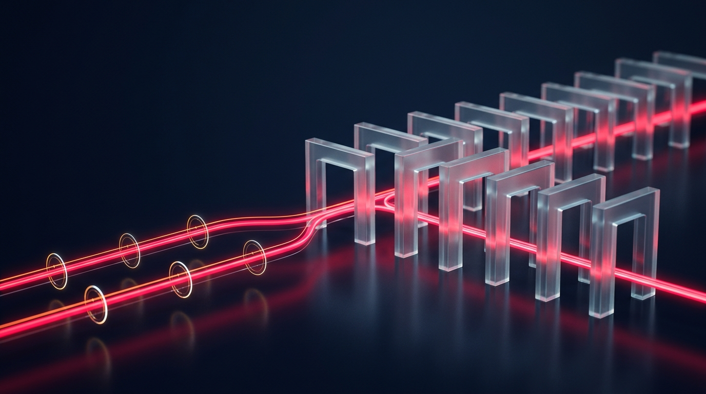 A crimson light trail passing through glass gates and splitting into two measured paths, tracking and split testing