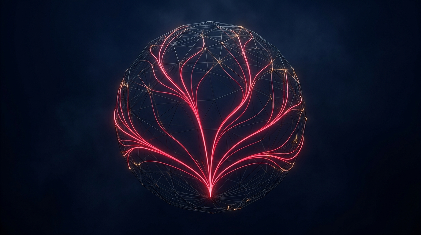 Crimson light trails branching across a wireframe globe in rising tiers, scaling across markets