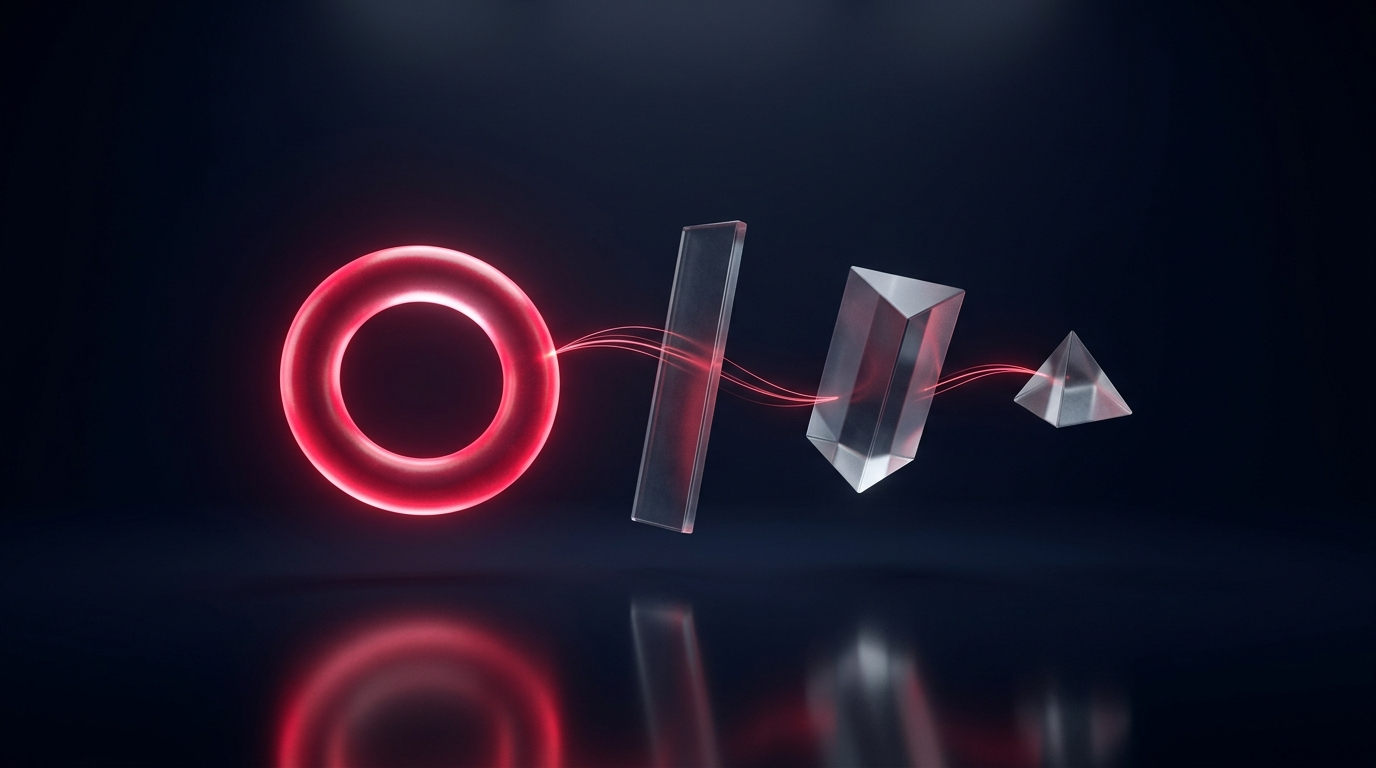 Glass tool shapes lit from inside with crimson light, one ready and three still being built